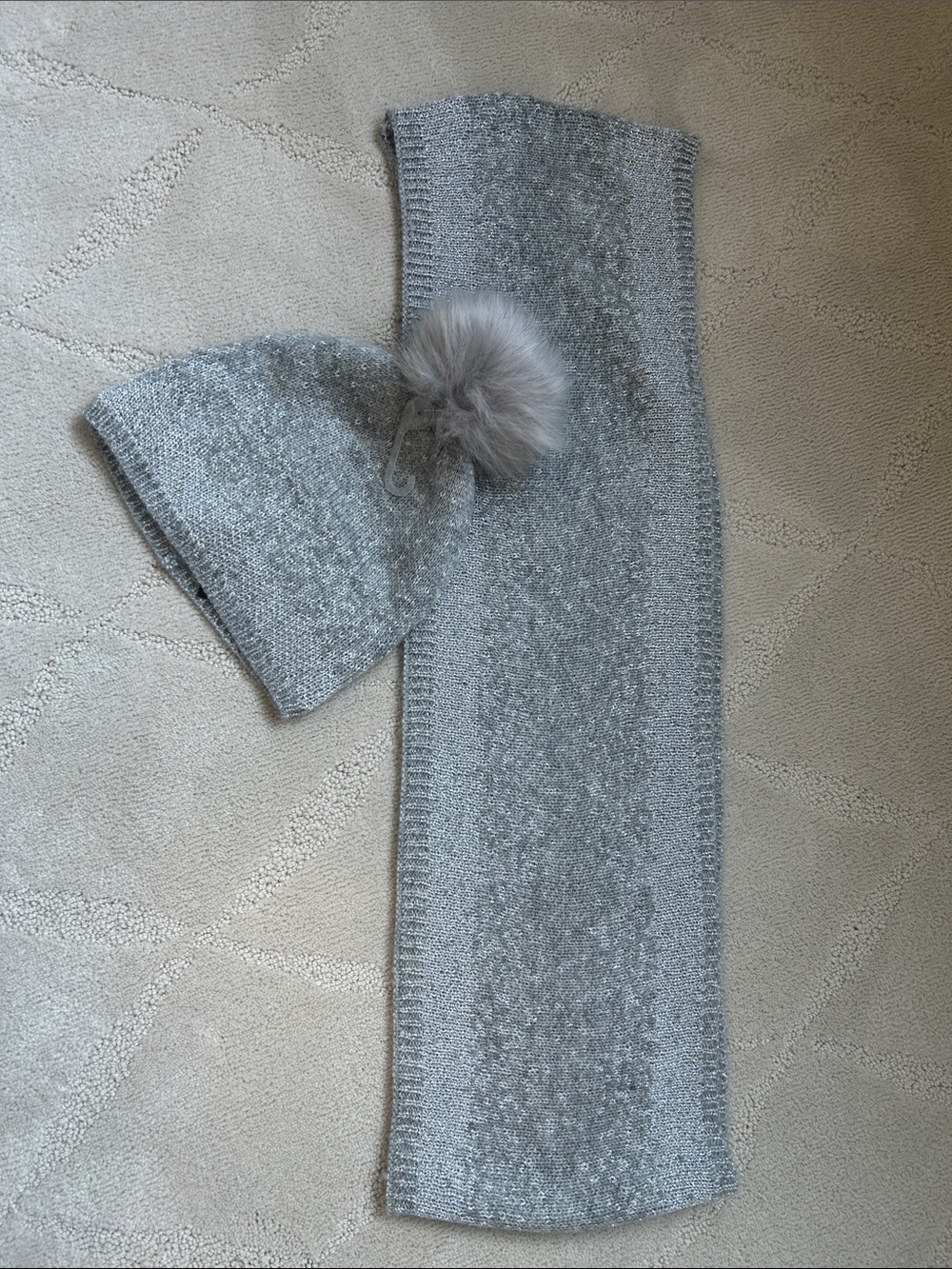 Ann Taylor Factory Silver Gray Knit Scarf and Hat with Pom